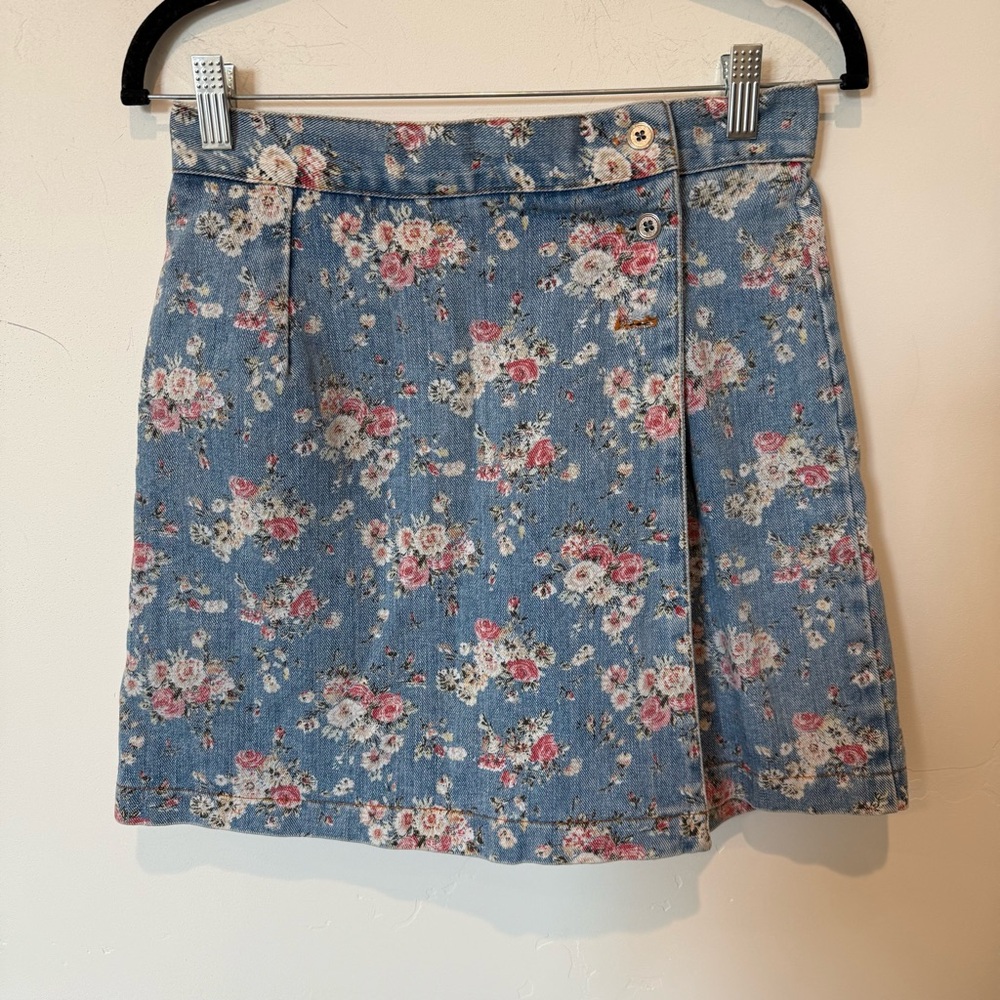 Vintage Blue Floral Denim Mini Skort Skirt Womens Size 9/10 100% Cotton Feminine
